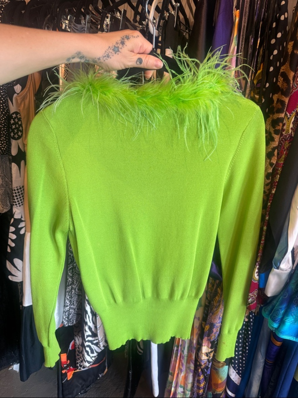 Y2K Lime Green Feather Trim Zip Cardigan - Picture 6 of 6